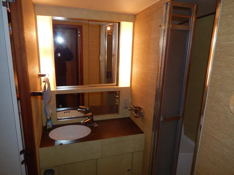 Slide: The Image of 1978 Bertram 42 Convertible bathroom with sink, mirror, and shower. - 28