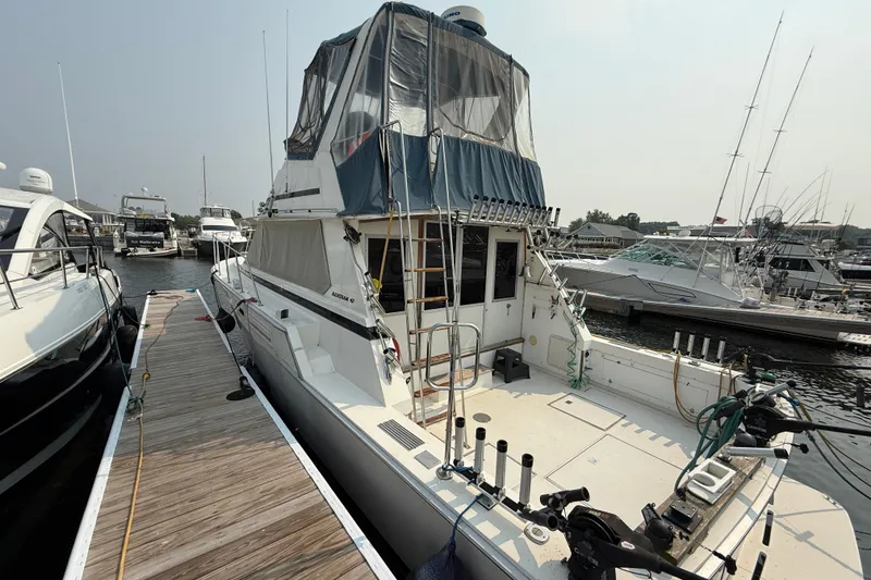 Slide: The Image of 1978 Bertram 42 Convertible yacht docked at marina, featuring spacious deck and fishing equipment. - 7