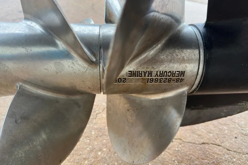 Slide: The Image of Close-up of a Mercury Marine propeller on a 2006 Sea Ray 260 Sundancer boat. - 61