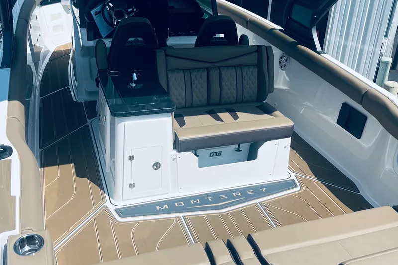 Slide: The Image of 2026 Monterey Elite 30 OB boat interior with luxurious seating and modern design. - 2