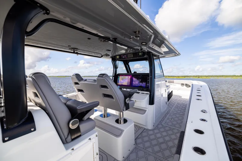 Slide: The Image of Interior view of 2023 Freeman 47 boat with modern helm and seating. - 62