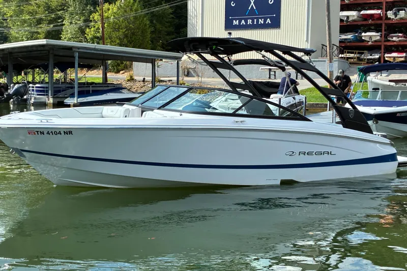 The Image of 2025 Regal LS2 boat docked at marina, sleek design, white with blue accents. - 1