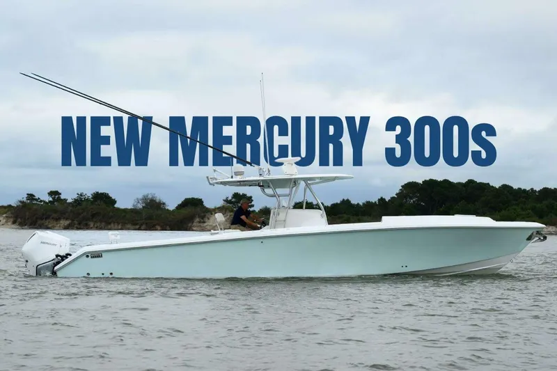 The Image of 2008 Venture 39 Cuddy boat with new Mercury 300s engines on water. - 0