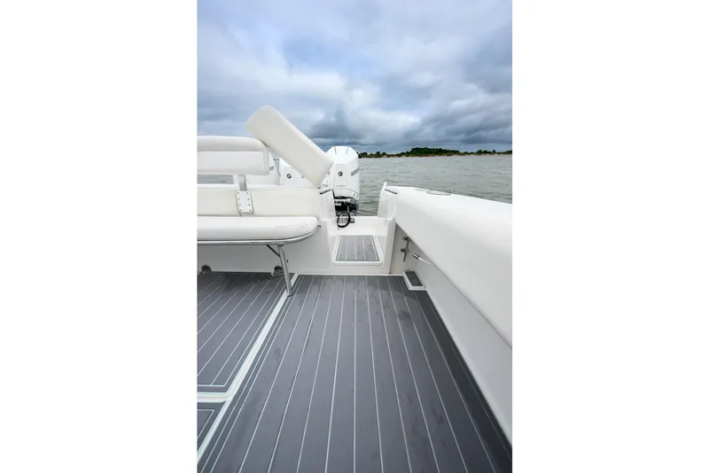 Slide: The Image of 2008 Venture 39 Cuddy boat interior with sleek seating and ocean view. - 20