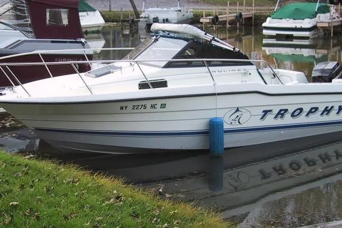 Slide: The Image of White 1993 Trophy 2002 Wa boat docked in a marina, surrounded by other boats. - 2