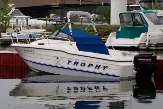 Slide: The Image of White Trophy 2002 Wa boat docked, featuring blue accents and a Mercury outboard motor. - 3
