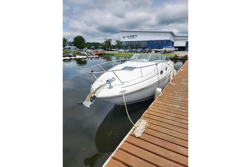 Slide: The Image of 2002 Sea Ray 260 Sundancer docked at a marina under cloudy skies. - 12