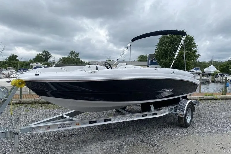 The Image of 2025 Stingray 182C boat on trailer, parked outdoors under cloudy sky. - 1
