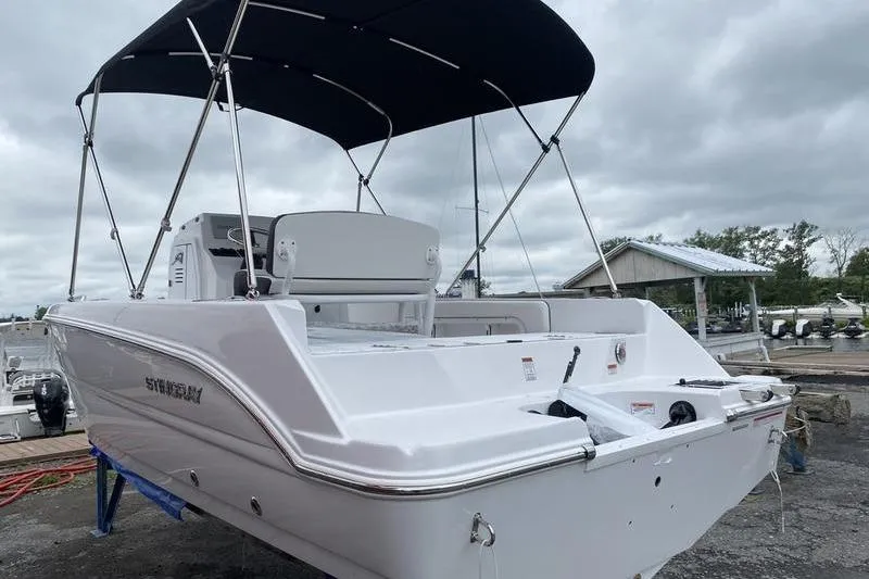 Slide: The Image of 2025 Stingray 173CC boat with canopy, docked under cloudy skies. - 5