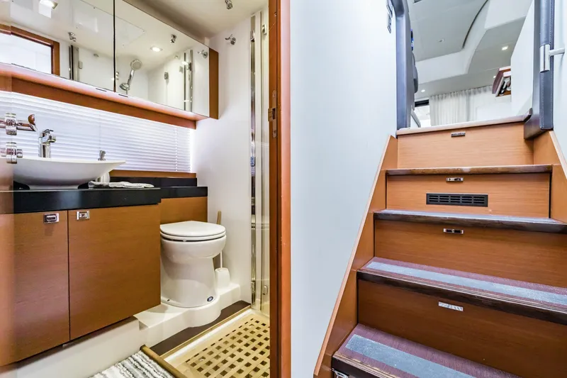 Slide: The Image of Luxurious bathroom and staircase in 2013 Prestige 500 Fly yacht interior. - 30