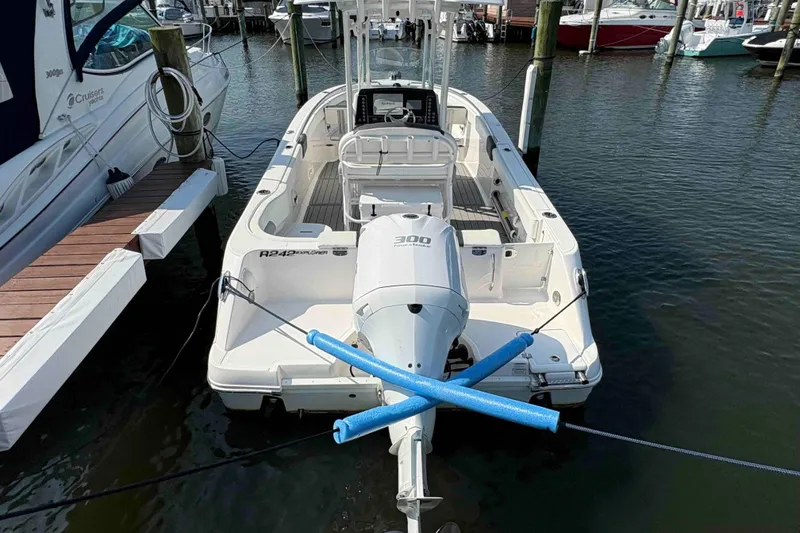 Slide: The Image of 2019 Robalo R242 Explorer boat docked with outboard motor and blue pool noodles. - 13