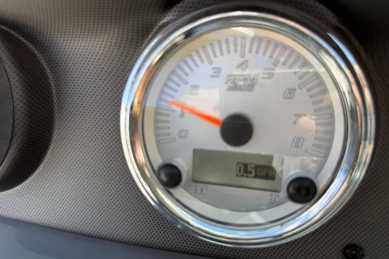 Slide: The Image of Close-up of 2017 Yamaha AR190 boat tachometer displaying 0.5 GPH fuel consumption. - 33