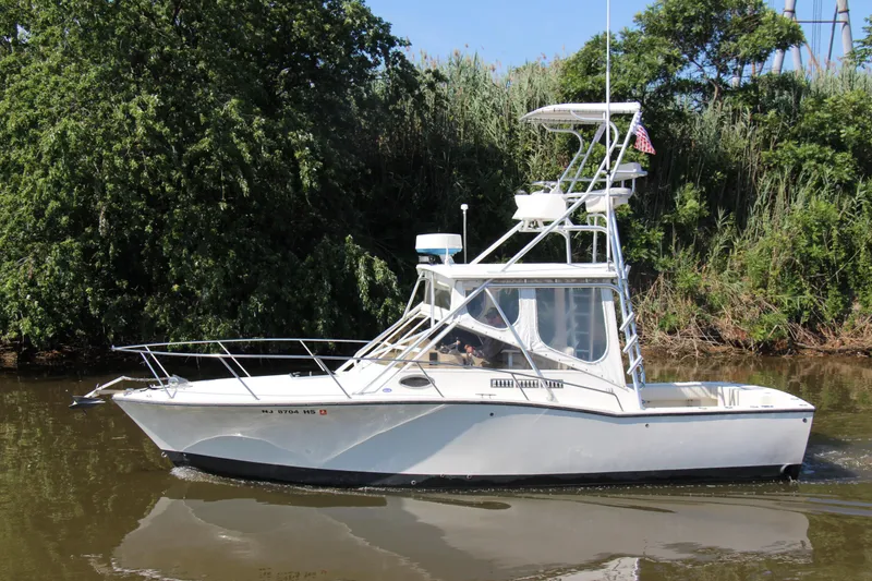 Slide: The Image of 2004 Carolina Classic 28 boat cruising on a river with lush greenery background. - 34