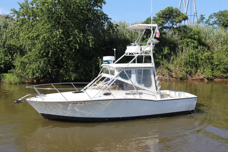 Slide: The Image of 2004 Carolina Classic 28 boat on calm river, surrounded by lush greenery. - 41
