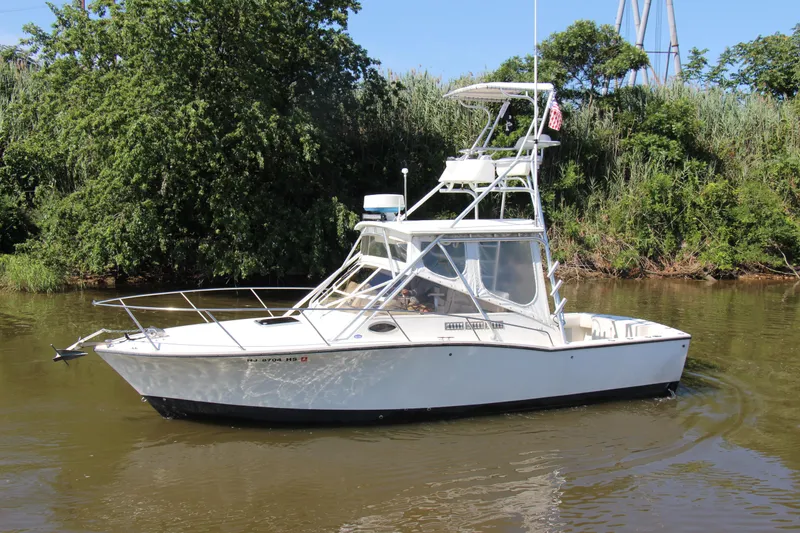Slide: The Image of 2004 Carolina Classic 28 boat on calm water, surrounded by lush greenery. - 42