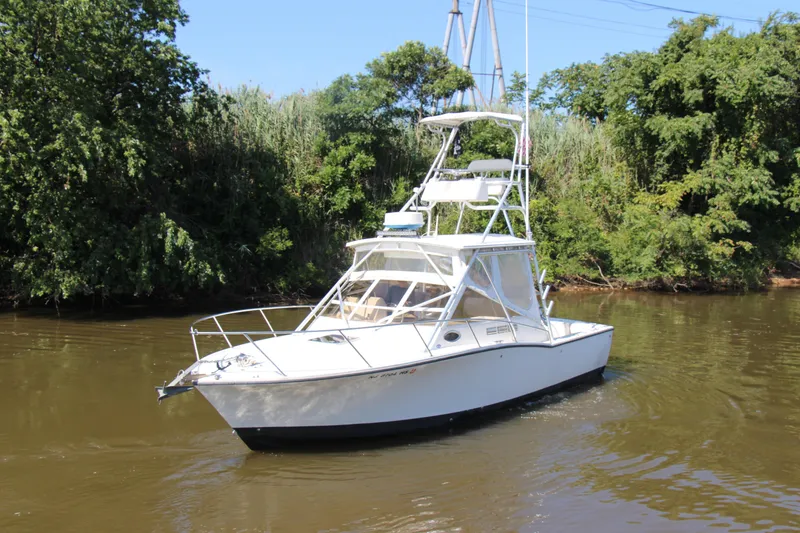 Slide: The Image of 2004 Carolina Classic 28 boat cruising on a calm river, surrounded by lush greenery. - 43