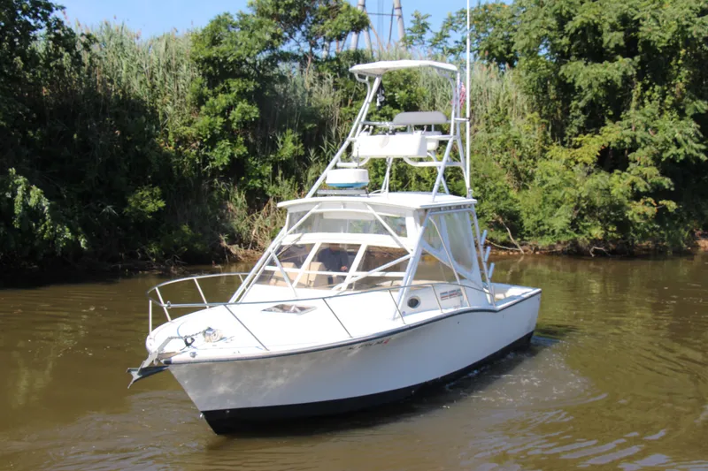 Slide: The Image of 2004 Carolina Classic 28 boat cruising on a calm river surrounded by lush greenery. - 44