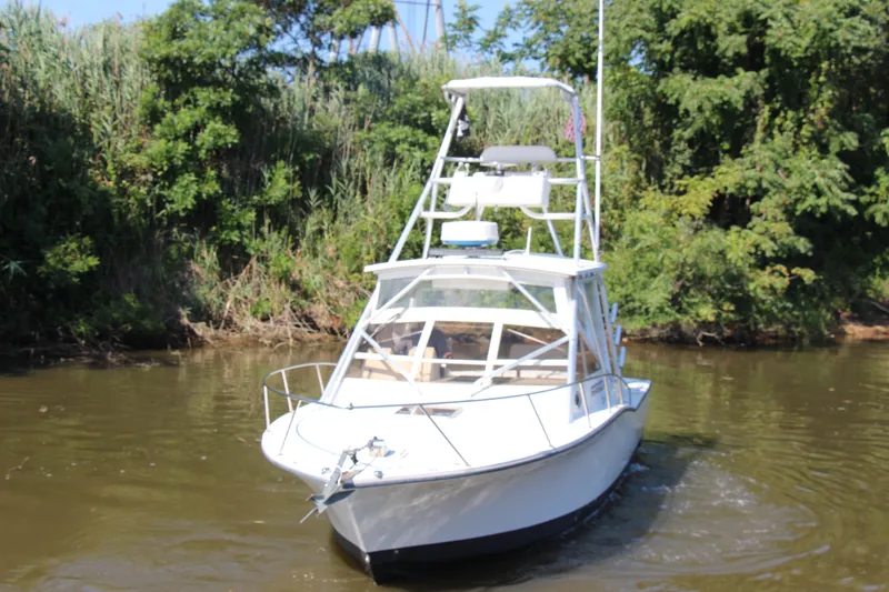 Slide: The Image of 2004 Carolina Classic 28 boat navigating a river, surrounded by lush greenery. - 46