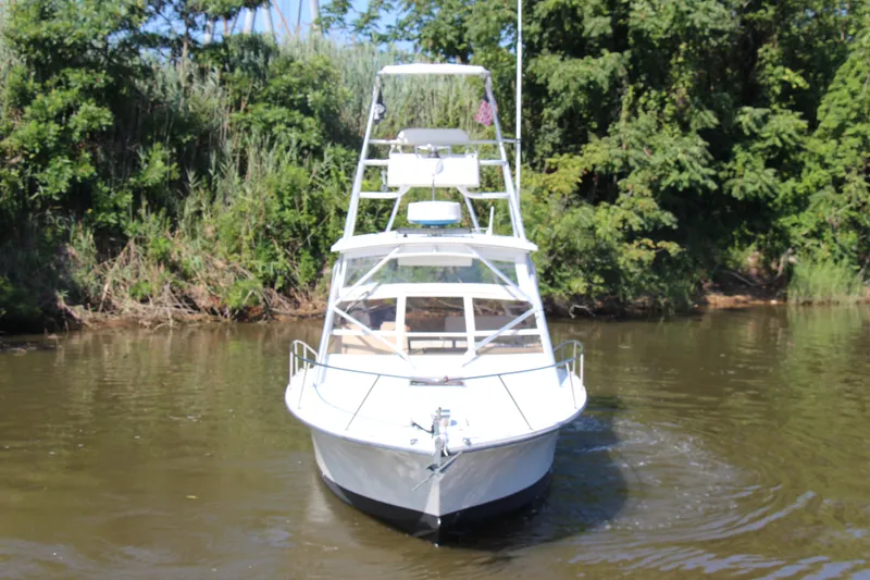 Slide: The Image of 2004 Carolina Classic 28 boat navigating a calm river surrounded by lush greenery. - 47