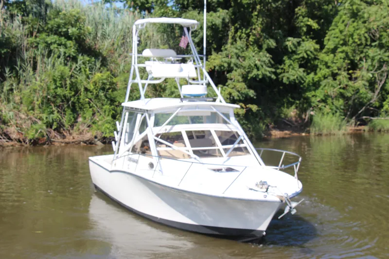 Slide: The Image of 2004 Carolina Classic 28 boat cruising on a calm river with lush greenery. - 48