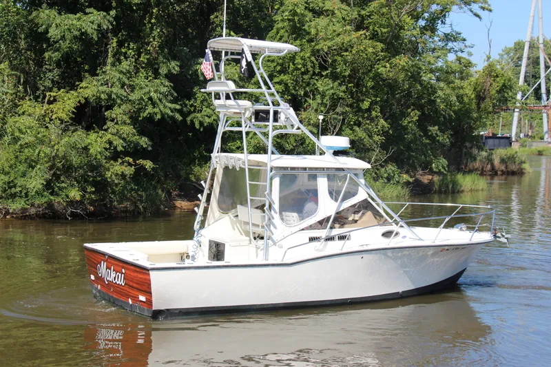 Slide: The Image of 2004 Carolina Classic 28 boat cruising on a calm river with lush green trees. - 54