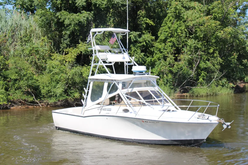 Slide: The Image of 2004 Carolina Classic 28 boat cruising on a river with lush green trees in the background. - 65