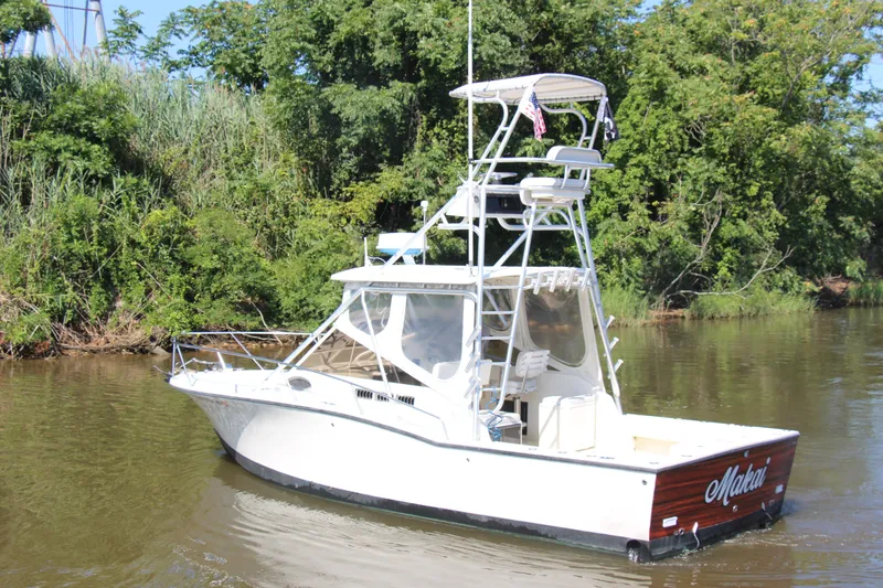 Slide: The Image of 2004 Carolina Classic 28 boat on a calm river, surrounded by lush greenery. - 76