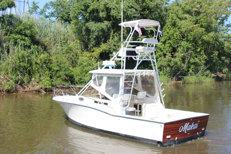 Slide: The Image of 2004 Carolina Classic 28 boat on a calm river, surrounded by lush greenery. - 77