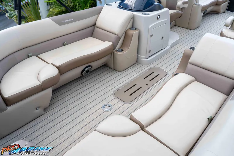 Slide: The Image of Luxurious interior of 2022 Veranda Relax VR25RC pontoon boat with plush seating. - 13