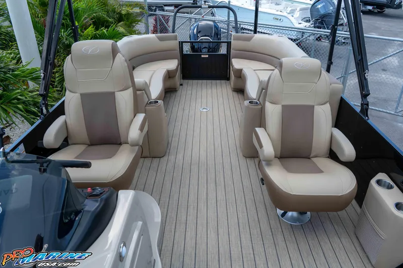 Slide: The Image of 2022 Veranda Relax VR25RC pontoon boat interior with luxurious seating and modern design. - 16