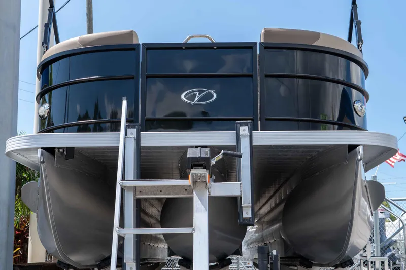 Slide: The Image of 2022 Veranda Relax VR25RC pontoon boat on trailer, viewed from the front. - 3