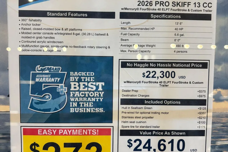 Slide: The Image of 2026 Mako Pro Skiff 13 CC boat features, pricing, and warranty details displayed. - 3