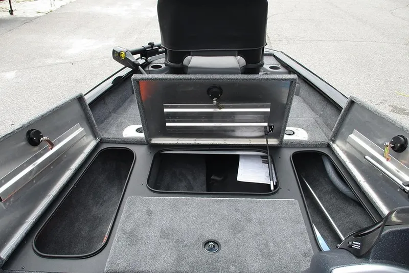 Slide: The Image of 2026 Tracker Pro Team 175 Crappie Edition boat interior with open storage compartments. - 11
