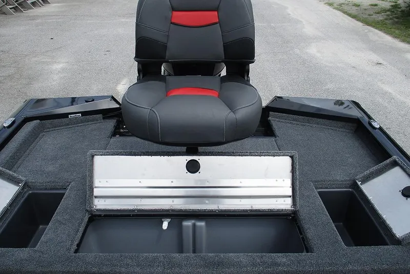Slide: The Image of 2026 Tracker Pro Team 175 Crappie Edition boat interior with seating and storage compartments. - 19