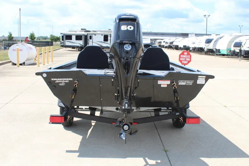 Slide: The Image of 2026 Tracker Pro Team 175 boat with Mercury 60 engine, parked on a trailer. - 6