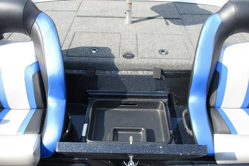Slide: The Image of 2026 Nitro Z21 XL Pro boat interior with blue and black seats and storage compartment. - 20