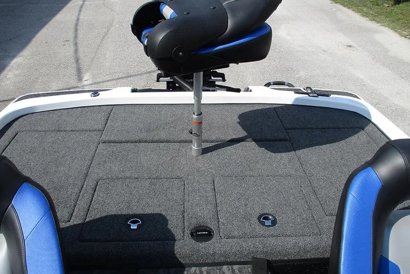 Slide: The Image of 2026 Nitro Z21 XL Pro boat deck with blue and black seating. - 22