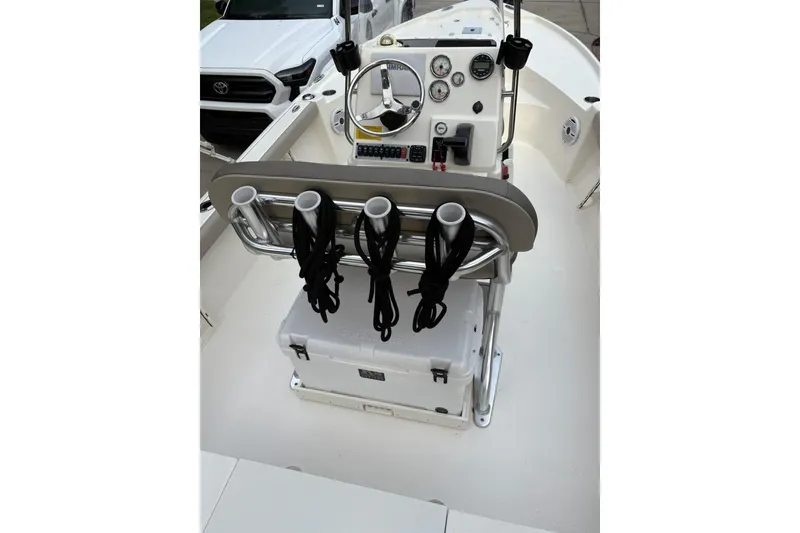 Slide: The Image of 2024 Key West 188 Bay Reef boat console with steering wheel and gauges. - 7