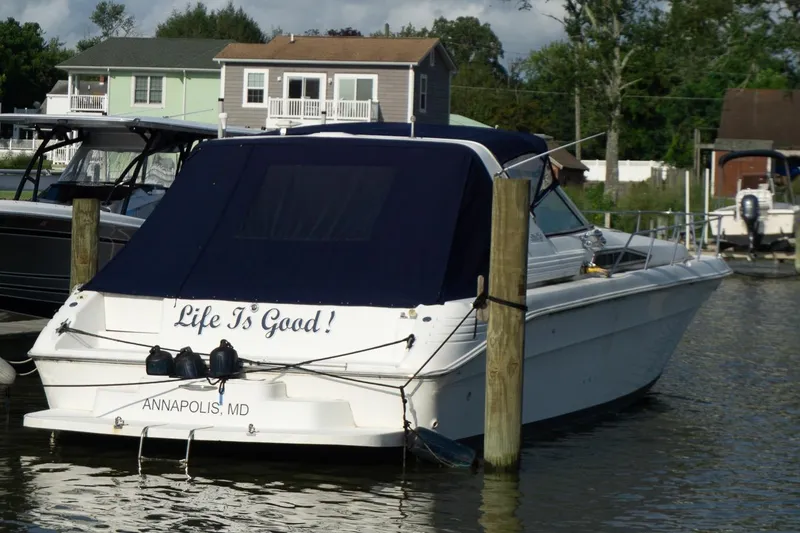 The Image of 1993 Sea Ray 400 Express Cruiser docked in Annapolis, MD, with "Life Is Good!" on the stern. - 0