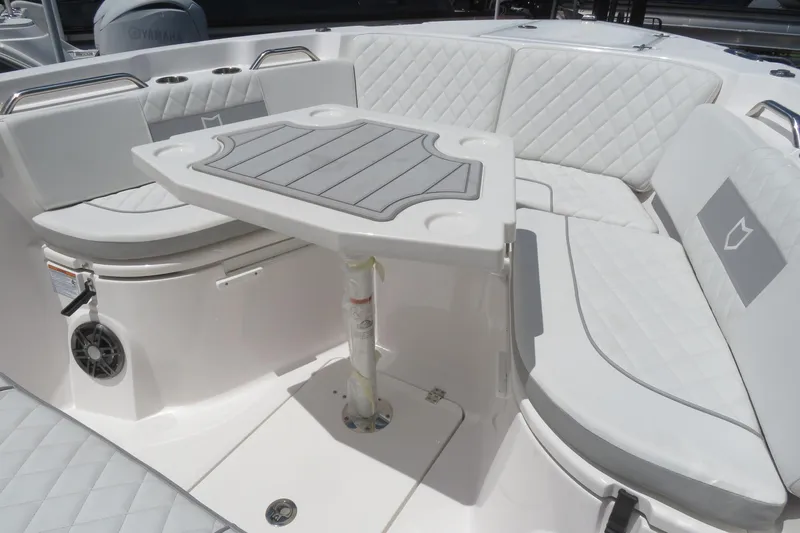 Slide: The Image of Luxurious seating area on 2025 Sea Fox 268 Commander boat, featuring elegant white upholstery. - 23