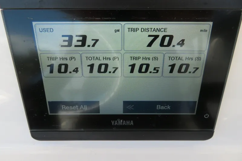 Slide: The Image of Yamaha display showing fuel usage and trip data for Sea Fox 268 Commander boat. - 33