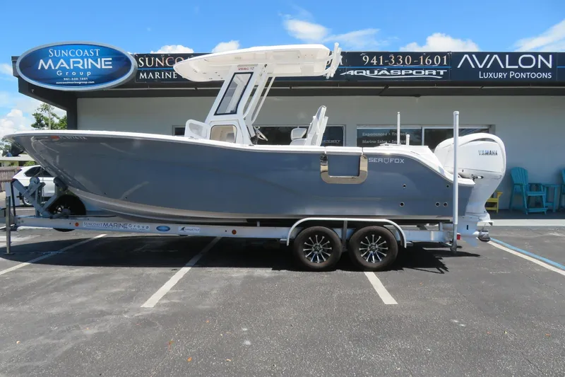 Slide: The Image of 2025 Sea Fox 268 Commander boat with twin Yamaha F200 engines on trailer, Sarasota, FL. - 8