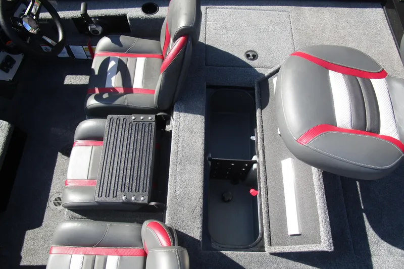 Slide: The Image of 2025 Ranger RT 198 P boat interior with gray and red seating and storage compartments. - 14
