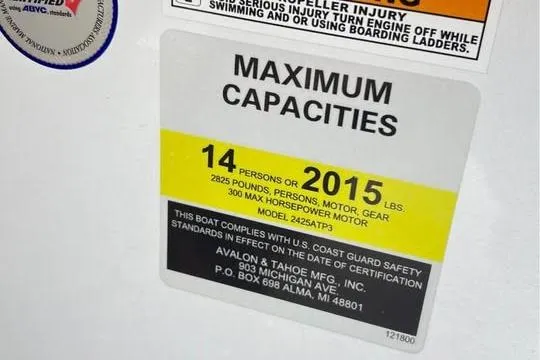 Slide: The Image of 2024 Avalon LSV 2585 capacity label: 14 persons or 2015 lbs, 300 HP max. - 15