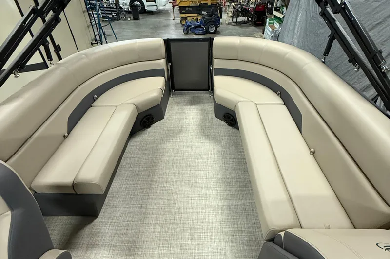 Slide: The Image of Luxurious seating area in 2025 Flagship F22CU boat with beige upholstery. - 11