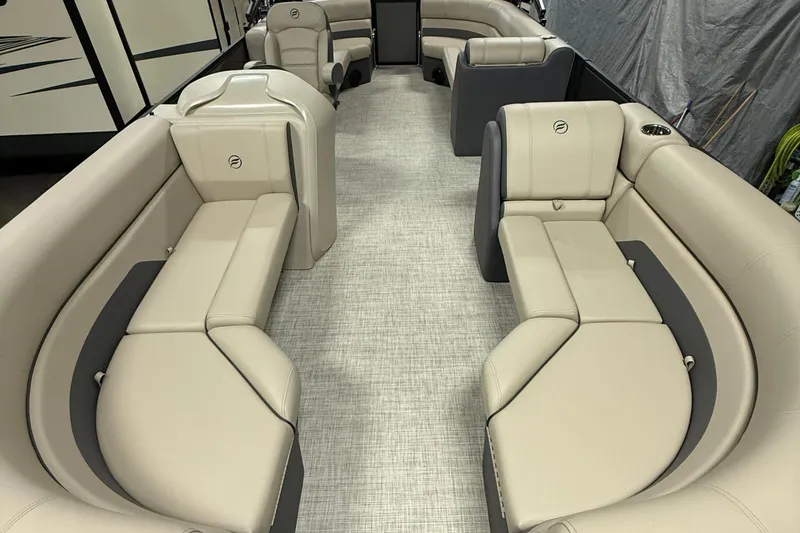 Slide: The Image of Luxurious beige seating in 2025 Flagship F22CU boat interior. - 6