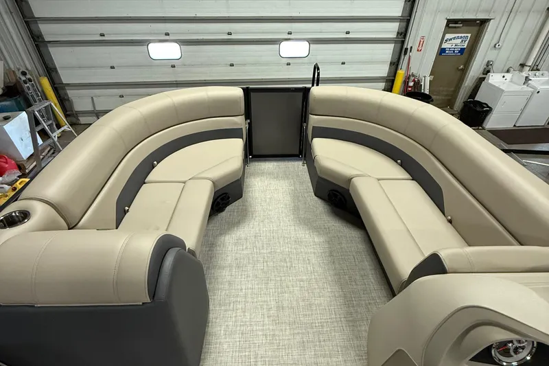 Slide: The Image of Luxurious beige seating on a 2025 Flagship F22CU boat, featuring modern design and comfort. - 7
