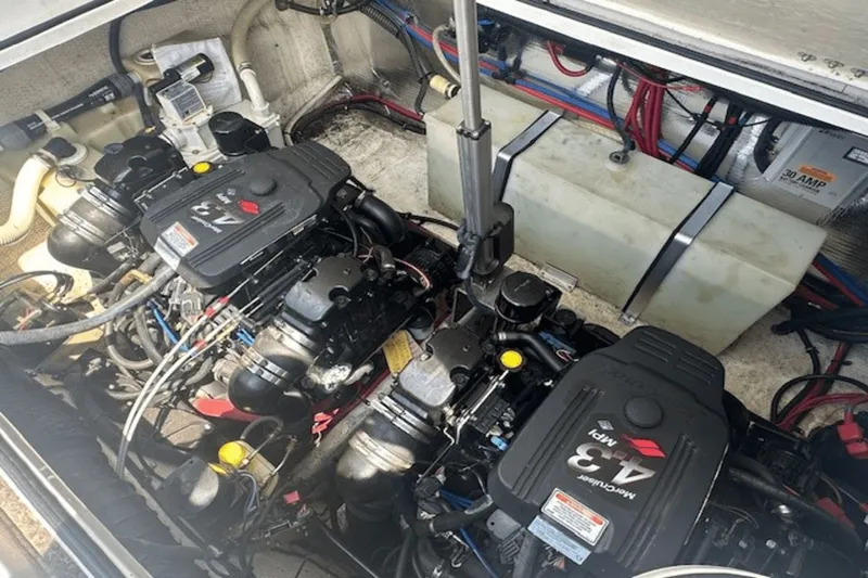 Slide: The Image of Engine compartment of 2008 Regal 2860 Window Express with dual MerCruiser 4.3 MPI engines. - 23