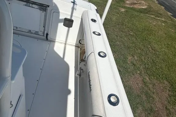 Slide: The Image of 2008 Everglades 290 CC boat deck with rod holders, viewed from above. - 45