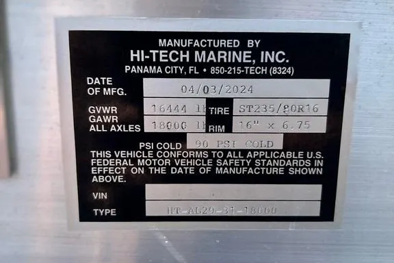 Slide: The Image of Label from Hi-Tech Marine, Inc. with manufacturing details and safety standards compliance. - 47